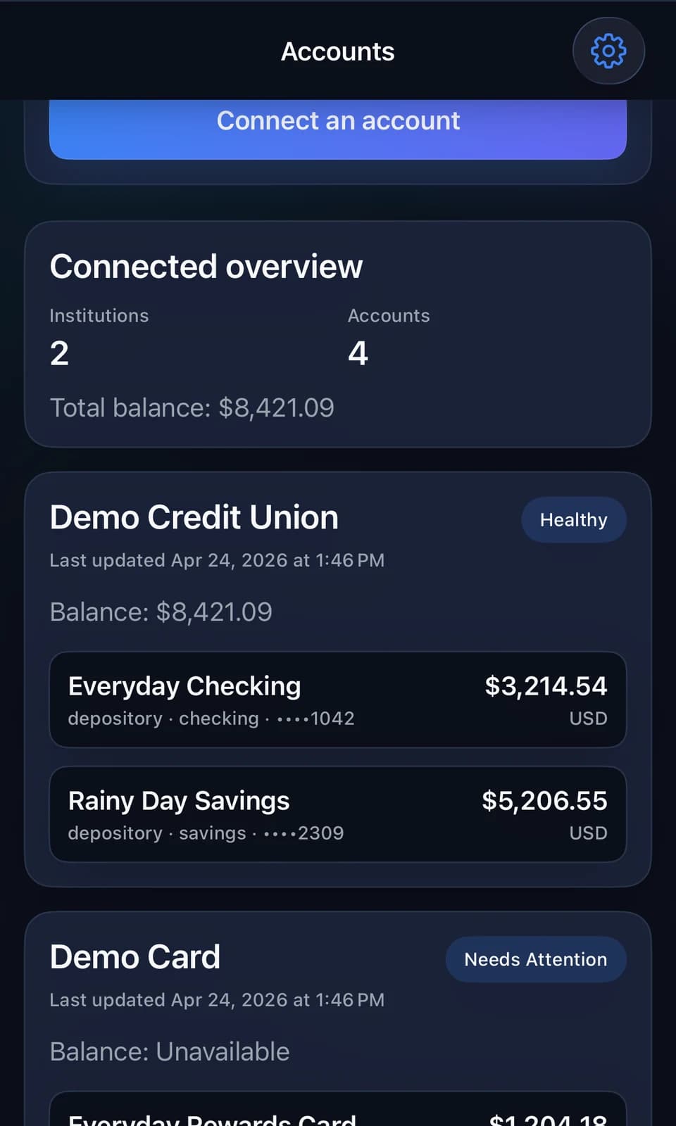Accounts overview screen in Uncommon Ledger showing connected account context