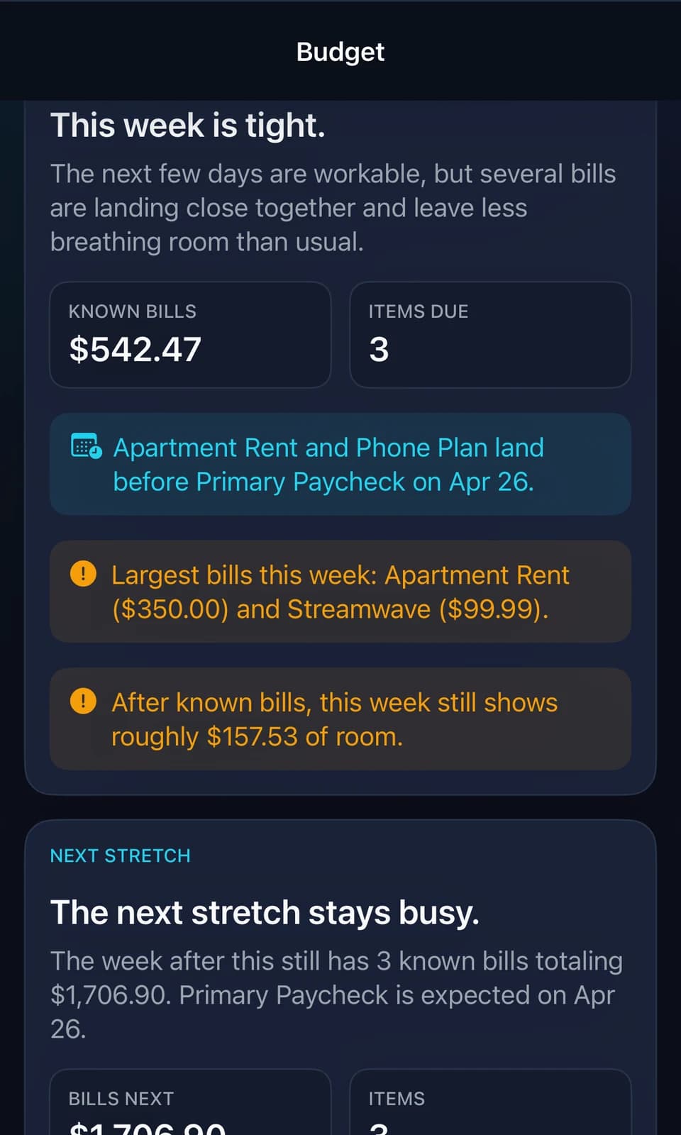 Budget guidance screen preview in Uncommon Ledger