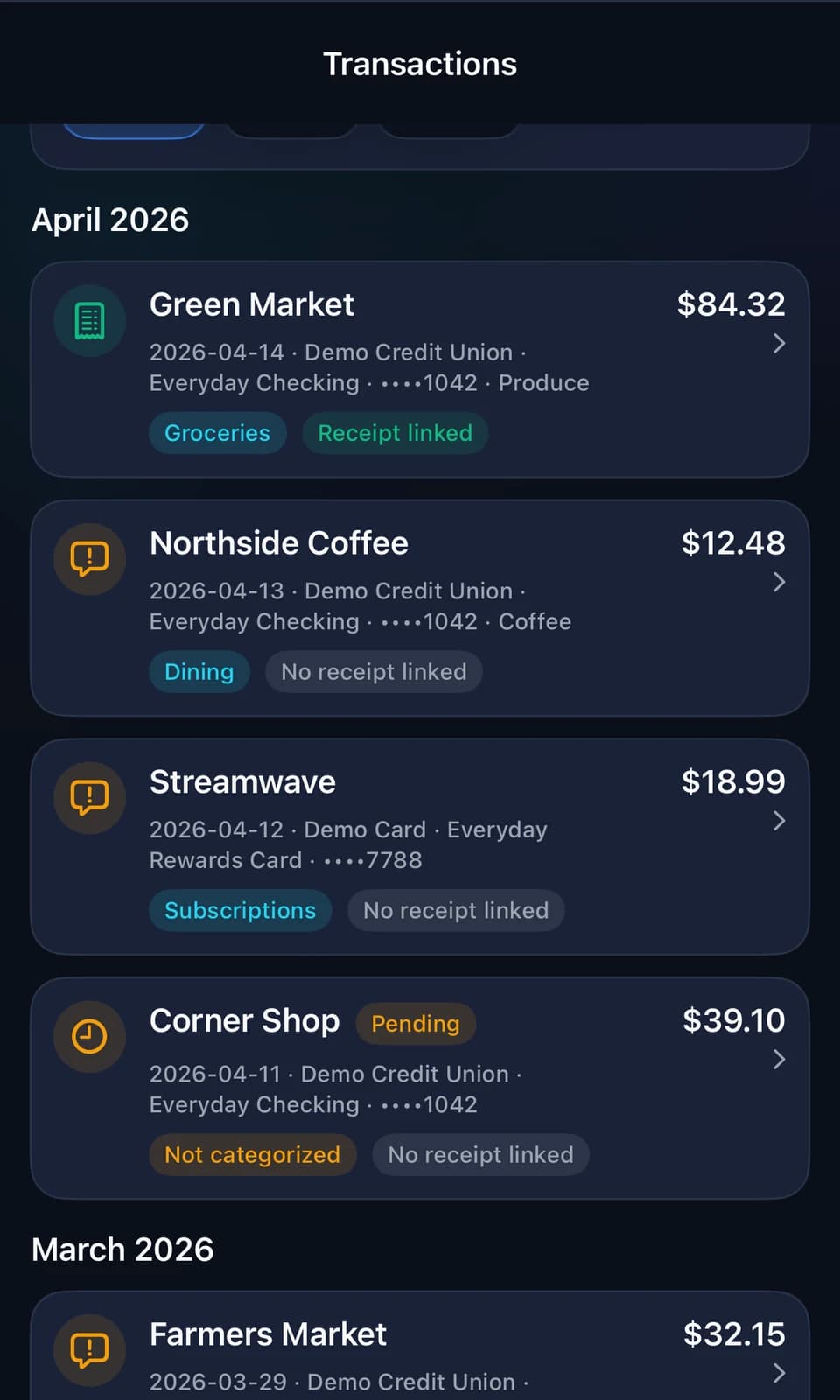 Transactions list screen in Uncommon Ledger showing ledger entries